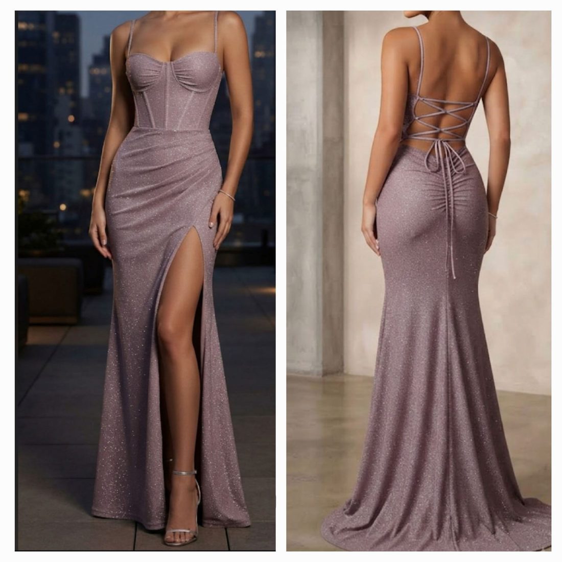 Fotos de catálogo del vestido mauve, frente y espalda