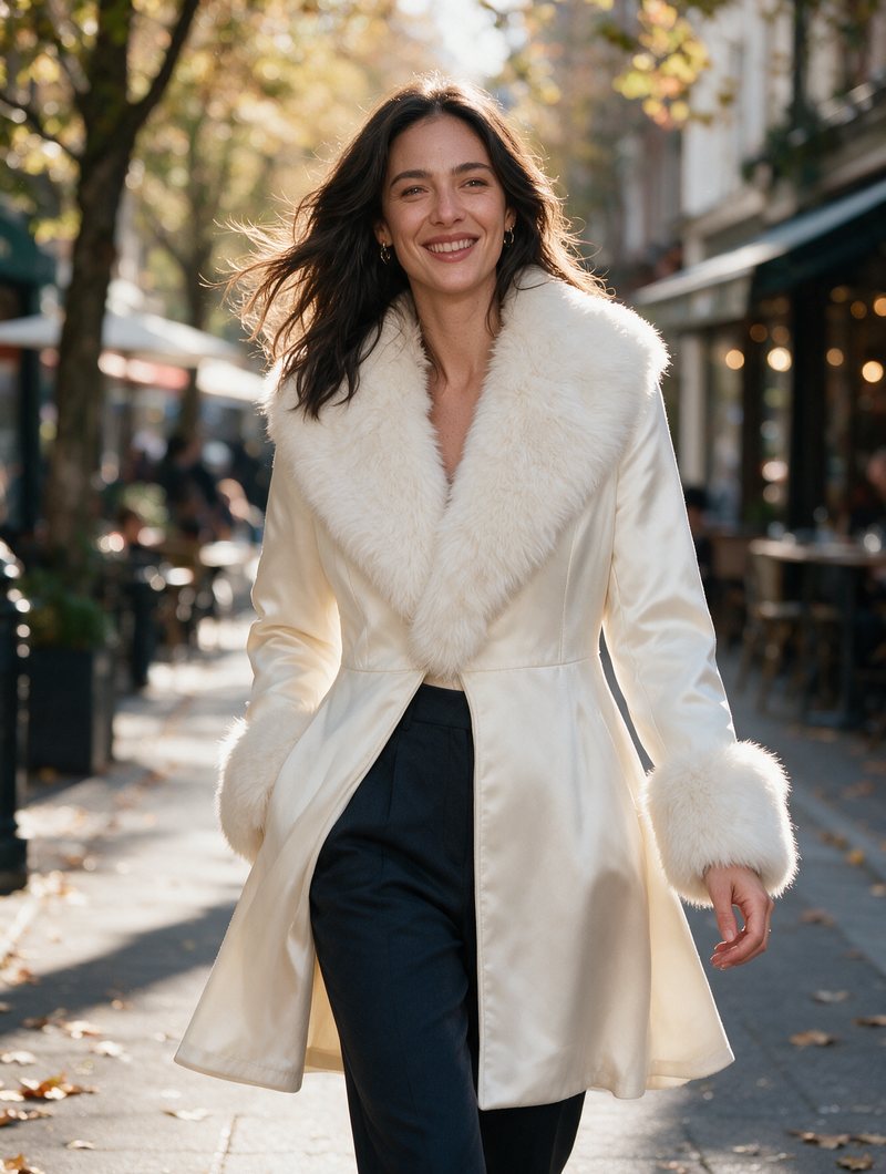 Abrigo crema con cuello de piel falsa, look casual elegante